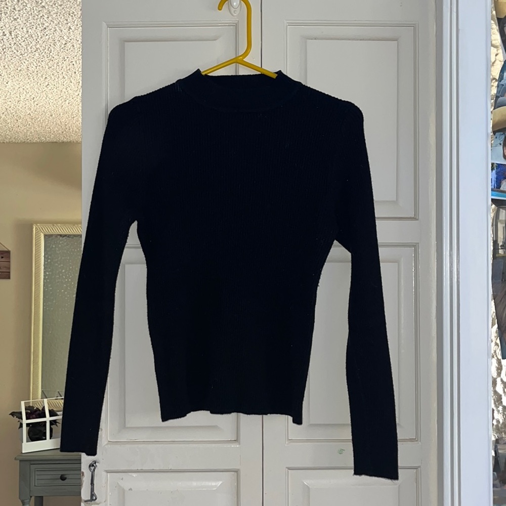 Women's Black Mock Neck; Ribbed/Knit Long Sleeve Sweater